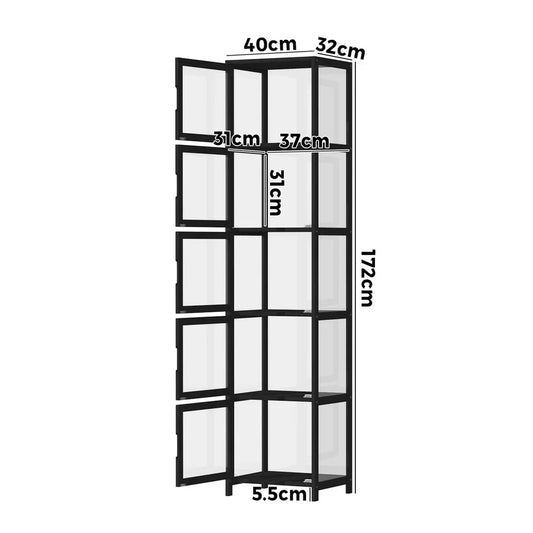 SB-DISPLAY-54SD-BK Oikiture Display Cabinet 5-Tier Slim Storage Shelves Clear Bookcase Rack Black