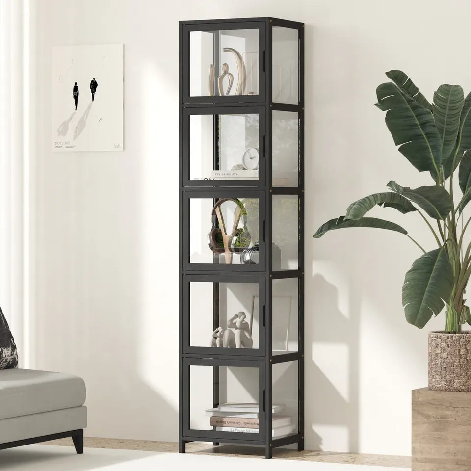SB-DISPLAY-54SD-BK Oikiture Display Cabinet 5-Tier Slim Storage Shelves Clear Bookcase Rack Black