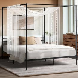 MBF-BELLE-Q-BK-AB Oikiture Metal Canopy Bed Frame Queen Size Beds Platform