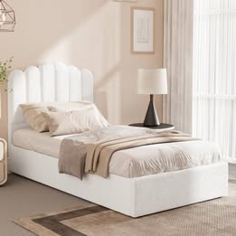 BF-B-KLON-S-WH-ABC Single Ellora Boucle Gas Lift Storage Single Bed Frame