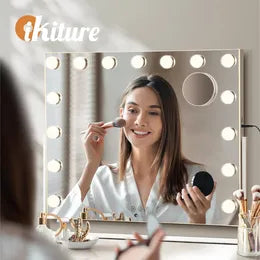 MM-5846BT-ROT-WH Oikiture Hollywood Makeup Mirrors LED Lights Bluetooth Rotation Vanity 58x46cm