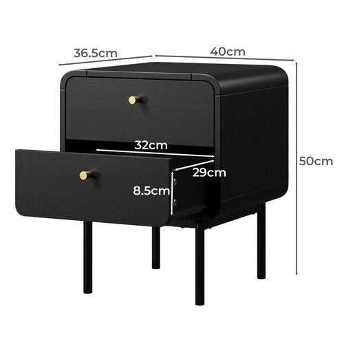 BT-VJ-SUYI-2D-BK Oikiture Bedside Table 2 Drawers Side Table Bedroom Nightstand Metal Black