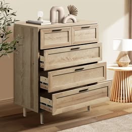 COD-EMMA-5D-WD-AB Oikiture 5 Chest of Drawers Dresser Chest Storage Cabinet Tallboy Natural
