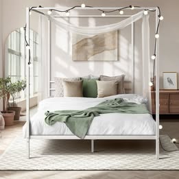 MBF-BELLE-D-WH-AB Oikiture Metal Canopy Bed Frame Double Size Beds Platform White