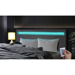 BF-B-POLY-Q-GY-AB Oikiture Bed Frame RGB LED Queen Size Mattress Base Platform Wooden Grey Fabric