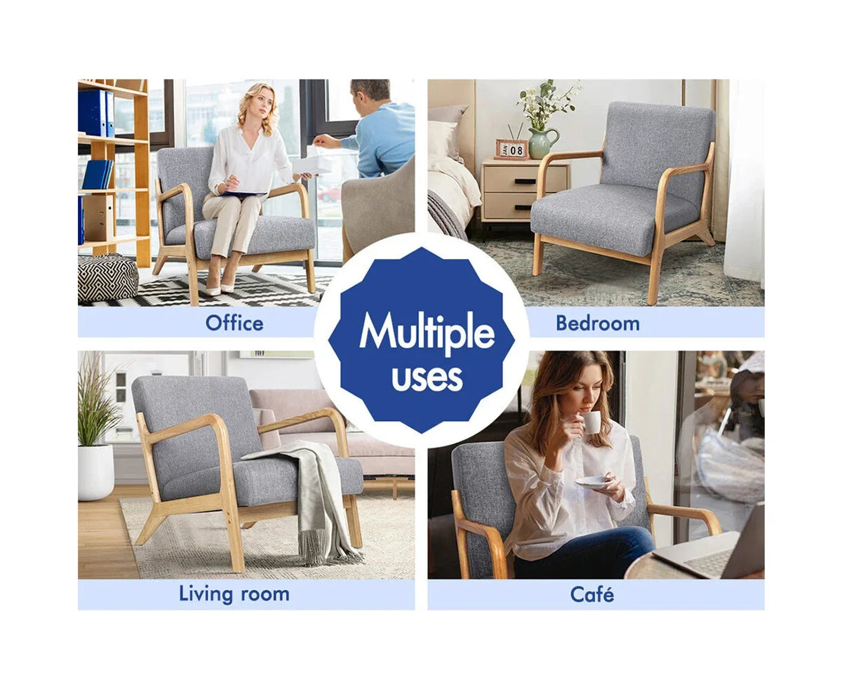 ACH-AGB7-GY Oikiture Armchair Lounge Chair Accent Armchairs Couches Sofa Wood Grey