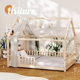 BF-W-A2-D-WD-AB Oikiture Kids Wooden Bed Frame House Beds Platform Double Natural Timber Pine