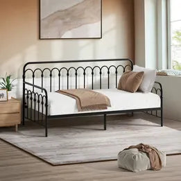 MBF-DB-BEN-BK Oikiture Metal Daybed Frame Single Size Sofa Bed Steel Slat Support Black