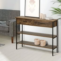 CST-IRIN-2S-WD Oikiture 3-Tier Console Table Wood Sofa Table with 2 Drawers Hall Side Entry