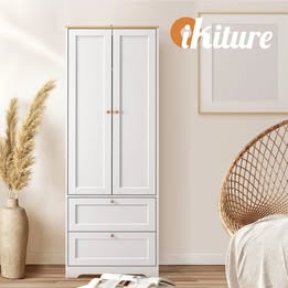 SB-NED-A40-WHWD-AB Oikiture Buffet Sideboard Storage Cabinet Kitchen Cupboard Wardrobe Shelf Drawer