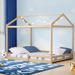 BF-W-B-DELL-D-WD-AB Oikiture Double Kids Wooden Bed Frame Timber House Beds Base with Fence Natural
