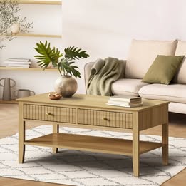 CTB-PRIN-WD Oikiture Coffee Table Rectangle Table Side Storage Drawers Shelving Natural