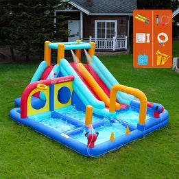 ITOY-DSPK-9+ITOY-BLOW-45-GN Doctor Dolphin 10-IN-1 Inflatable Water Park Jumping Castle Dual Slides Blower