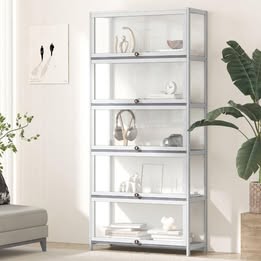 SB-DISPLAY-580-WH OIKITURE 5 Tier Display Storage Cabinet with Magnetic Closure Clear Door,Hallway Shelves Cabinet for Living Room Dining