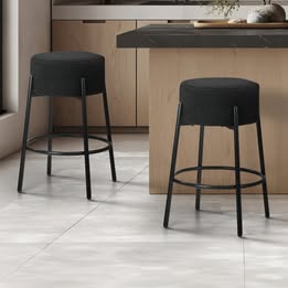 BS-ROUND-SP-CA-2PC Oikiture 2x Bar Stools Kitchen Dining Chair Round Stool Boucle Fabric Black