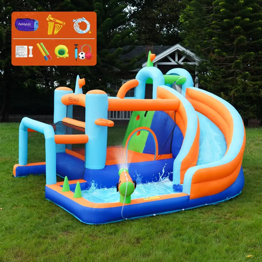 ITOY-CASTLE-7+ITOY-BLOW-45-GN AirMyFun 9-IN-1 Inflatable Water Park Jumping Castle Soccer Goalpost Blower