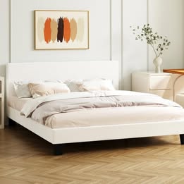 BF-B-VANK-K-SP-WH-AB Oikiture Bed Frame King Size Mattress Base Boucle Fabric Platform Wooden Slats