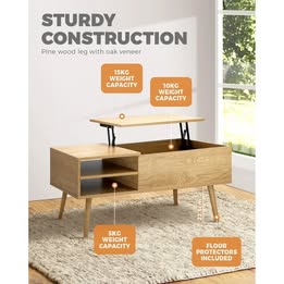 CTB-PUK-WD Oikiture Coffee Table Lift Up Top Modern Tables Hidden Book Storage Shelf Wood