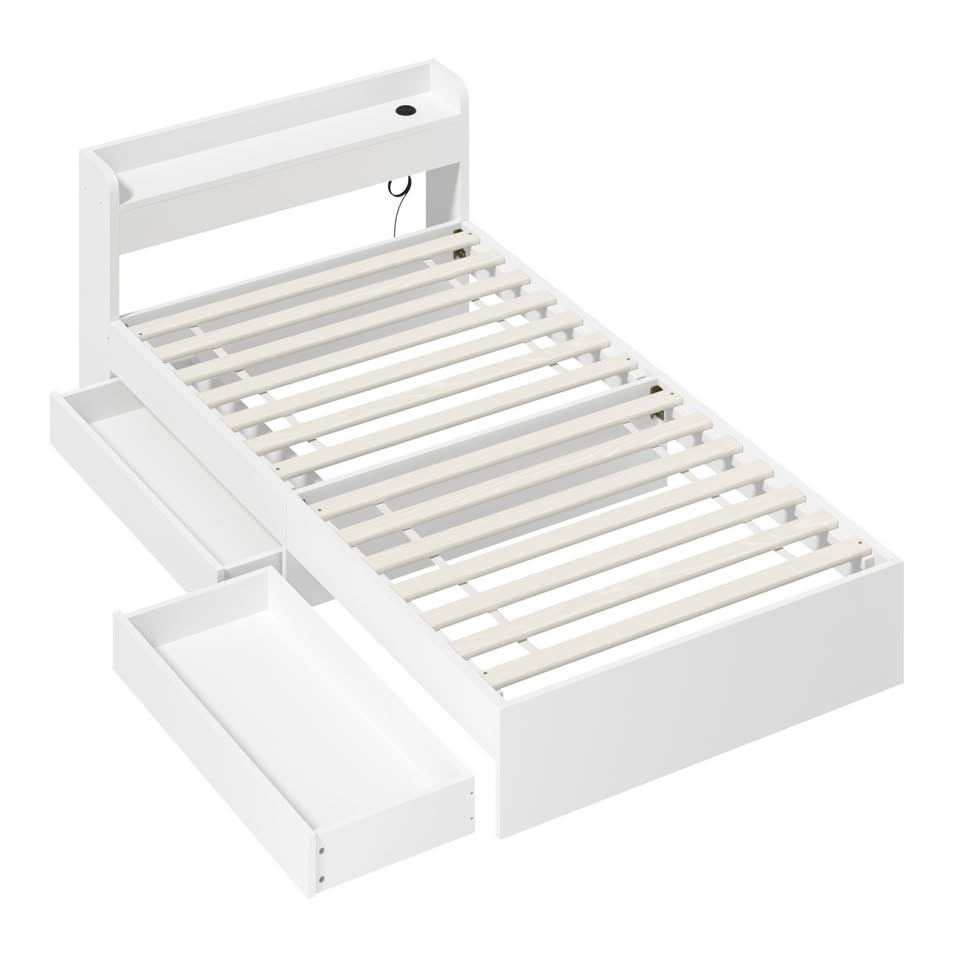 BF-MEXI-NEW-S-WH SINGLE White Cassandra Bed with USB Port  and  Drawers