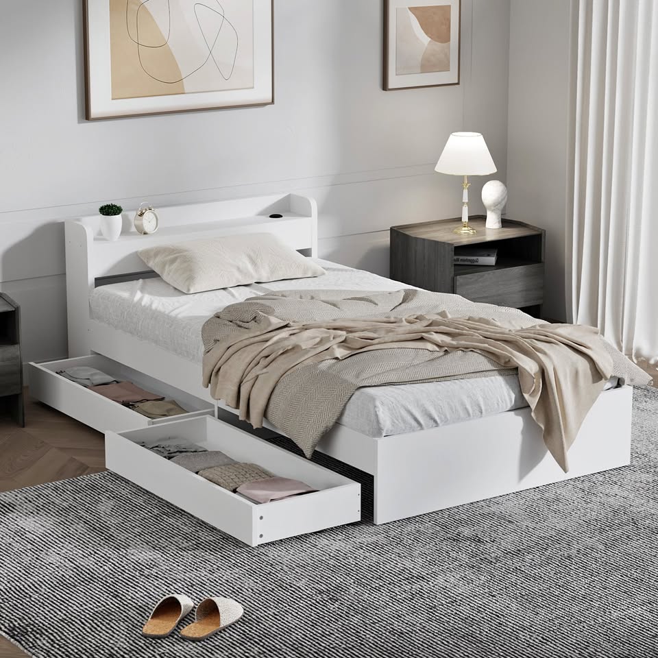 BF-MEXI-NEW-S-WH SINGLE White Cassandra Bed with USB Port  and  Drawers