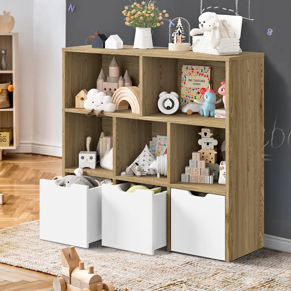 Oikiture Kids Bookcase Toy Organiser Cabinet With Removable Box Storage Natural ST-KID-ROLL-WHWD-AB