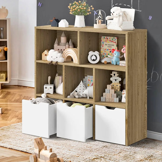 Oikiture Kids Bookcase Toy Organiser Cabinet With Removable Box Storage Natural ST-KID-ROLL-WHWD-AB