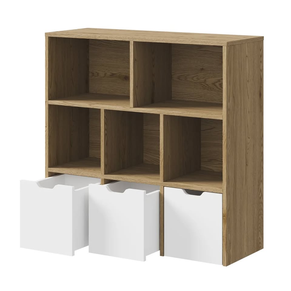 Oikiture Kids Bookcase Toy Organiser Cabinet With Removable Box Storage Natural ST-KID-ROLL-WHWD-AB