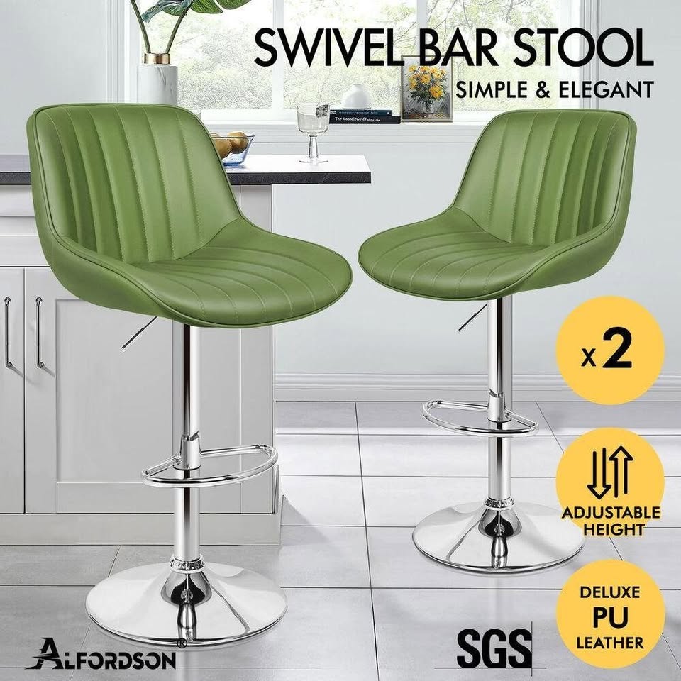 A-BAR-WADE-GRGNX2 ALFORDSON 2x Bar Stools Gas Lift Leather Bar Chairs Kitchen Swivel Avocado Green