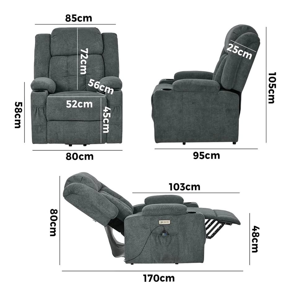 RCH-B4-LIF-POPR-GY Oikiture Electric Lift Recliner Chair Heated Massage Armchair With 2 Charging Ports Grey