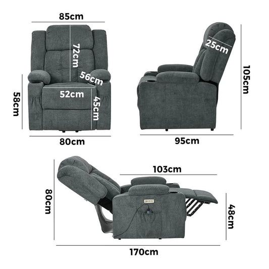 RCH-B4-LIF-POPR-GY Oikiture Electric Lift Recliner Chair Heated Massage Armchair With 2 Charging Ports Grey