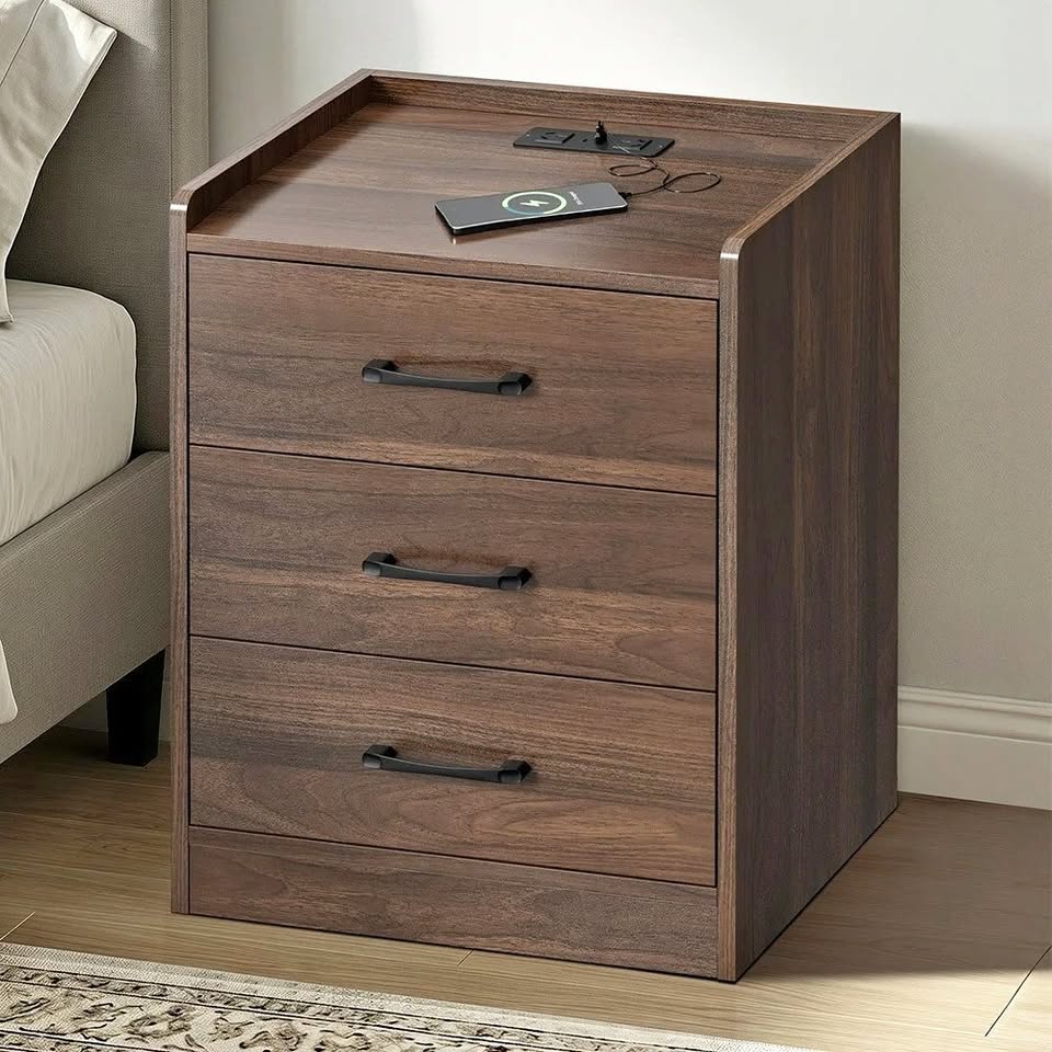 BT-ALLY-3D-WN Jacobo 3 Drawer Bedside Table with Charging Station