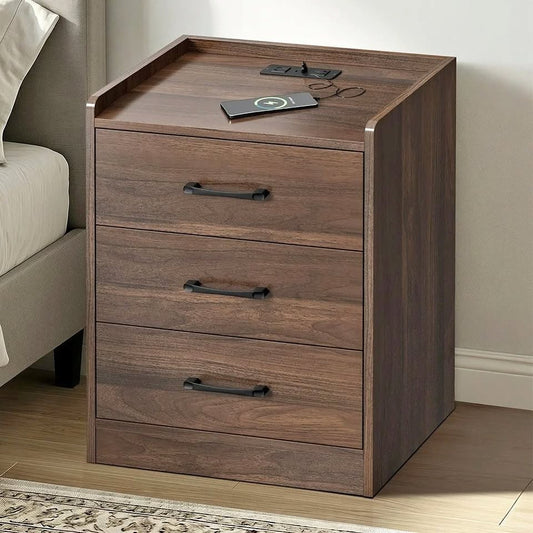 BT-ALLY-3D-WN Jacobo 3 Drawer Bedside Table with Charging Station