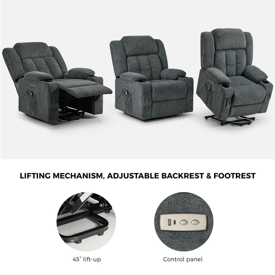RCH-B4-LIF-POPR-GY Oikiture Electric Lift Recliner Chair Heated Massage Armchair With 2 Charging Ports Grey