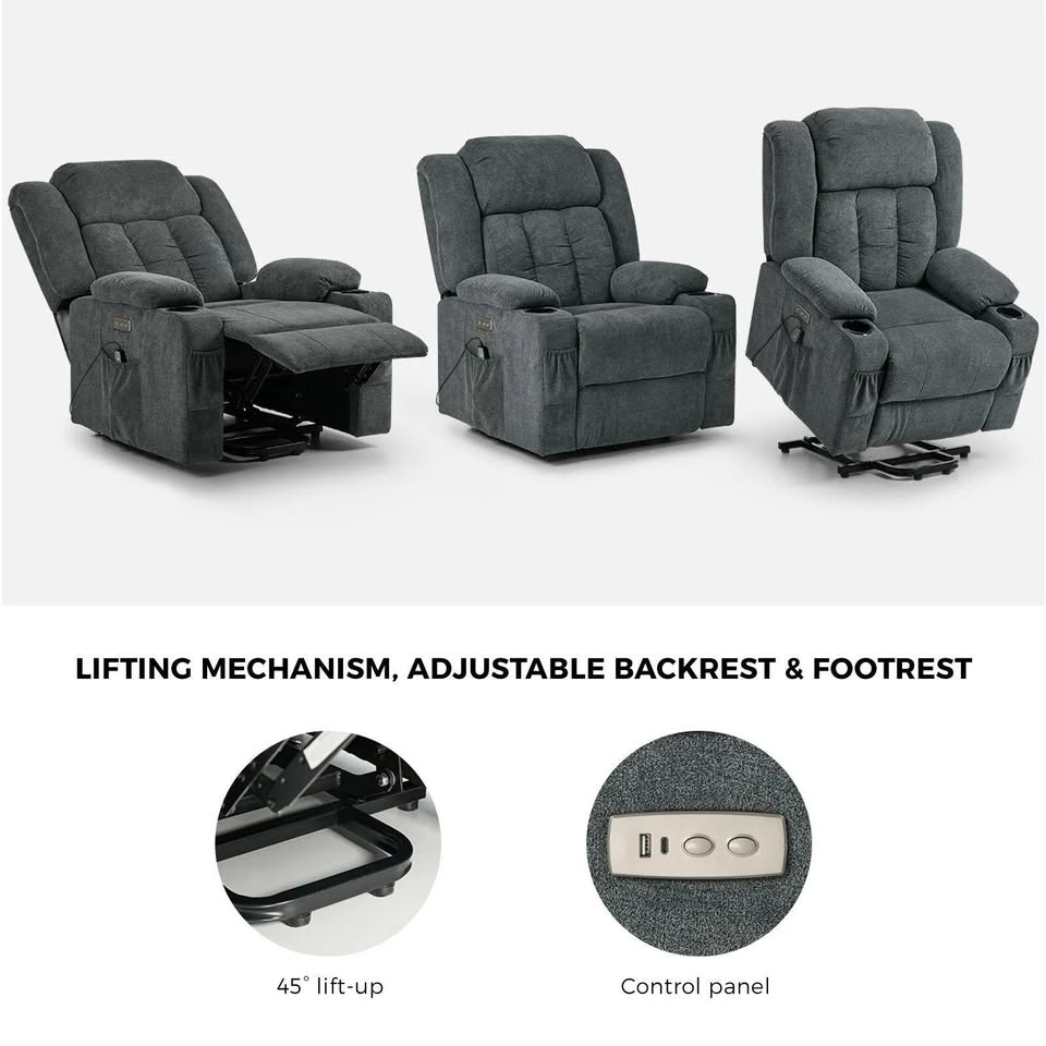 RCH-B4-LIF-POPR-GY Oikiture Electric Lift Recliner Chair Heated Massage Armchair With 2 Charging Ports Grey