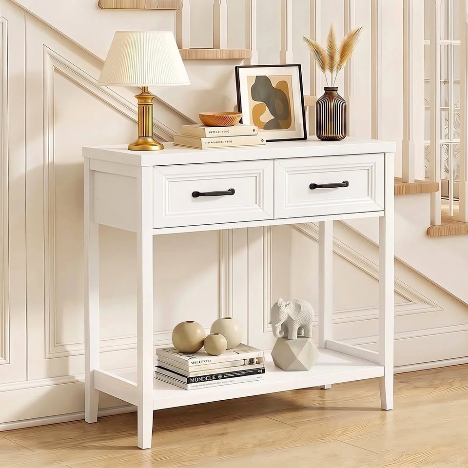 CST-XF-MAX-2D-WH Oikiture Console Table 2 Drawers Hallway Entryway Storage Display Shelf White