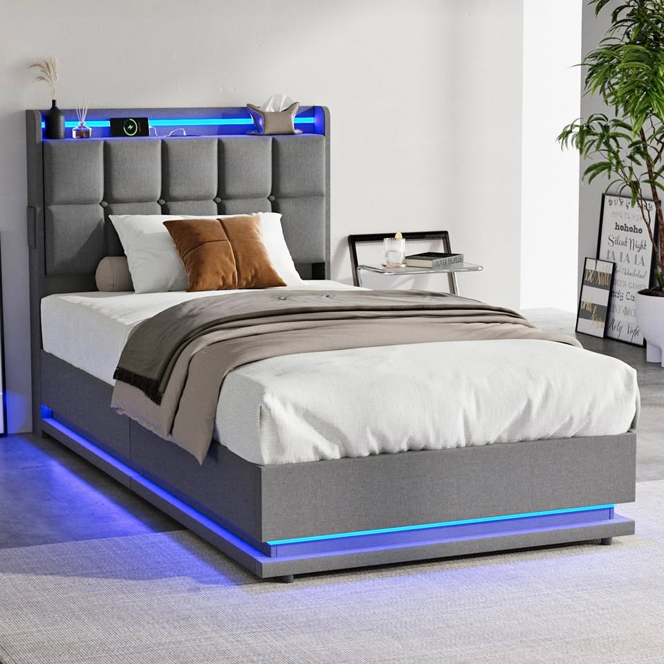 BF-E-DARY-KS-LN-GY-AB KING SINGLE Marcel Upholstered Gas Lift Storage Bed with LED & Charging Station