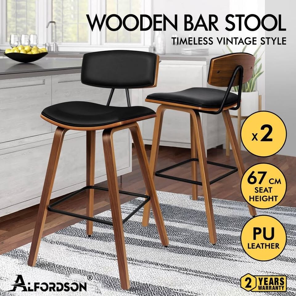 A-BAR-BENT-54-BKX2 ALFORDSON 2x Bar Stools Vintage Wooden Chairs Black