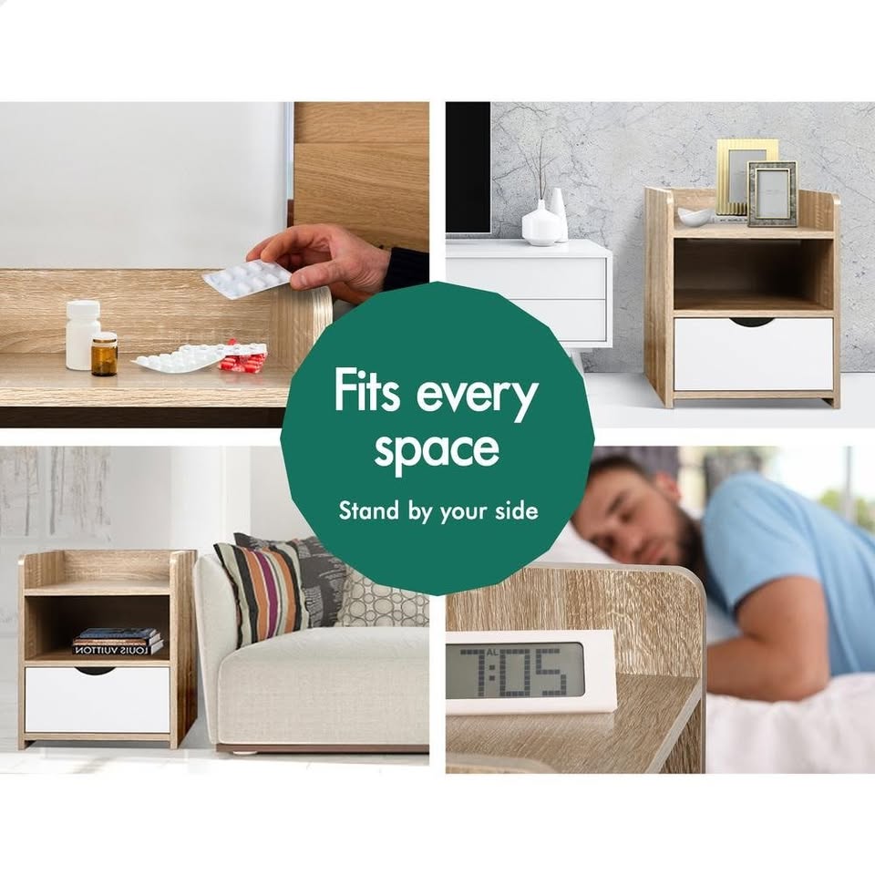A-BST-1D3SF-WDWH ALFORDSON Bedside Table Nightstand Storage Drawers Oak