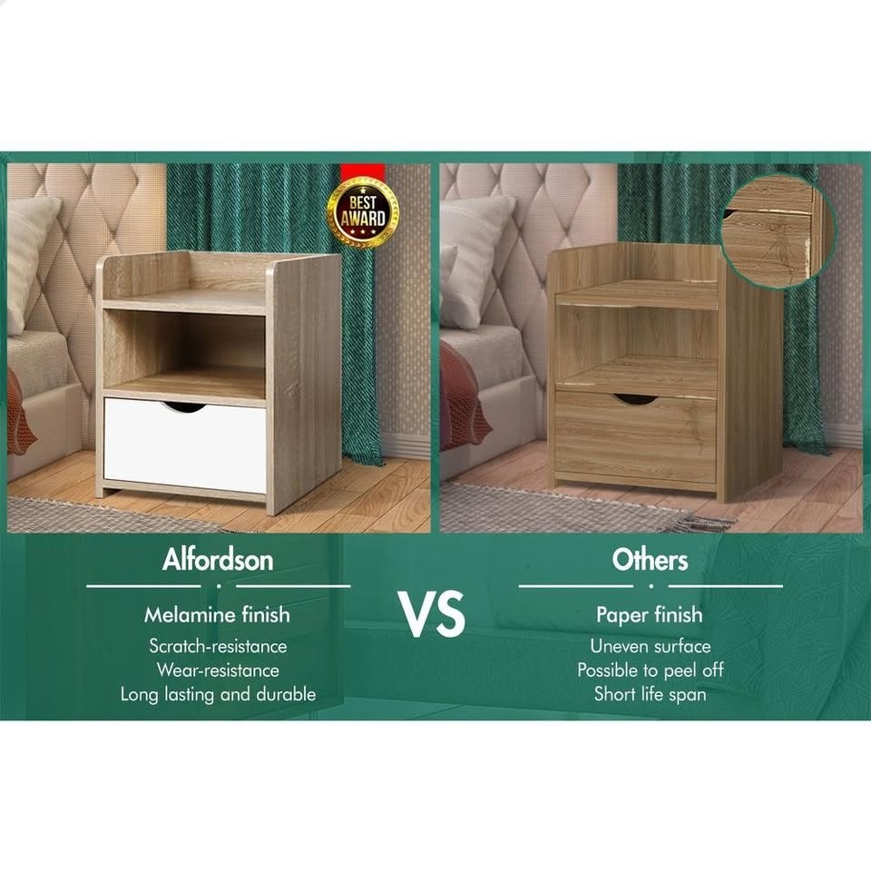 A-BST-1D3SF-WDWH ALFORDSON Bedside Table Nightstand Storage Drawers Oak