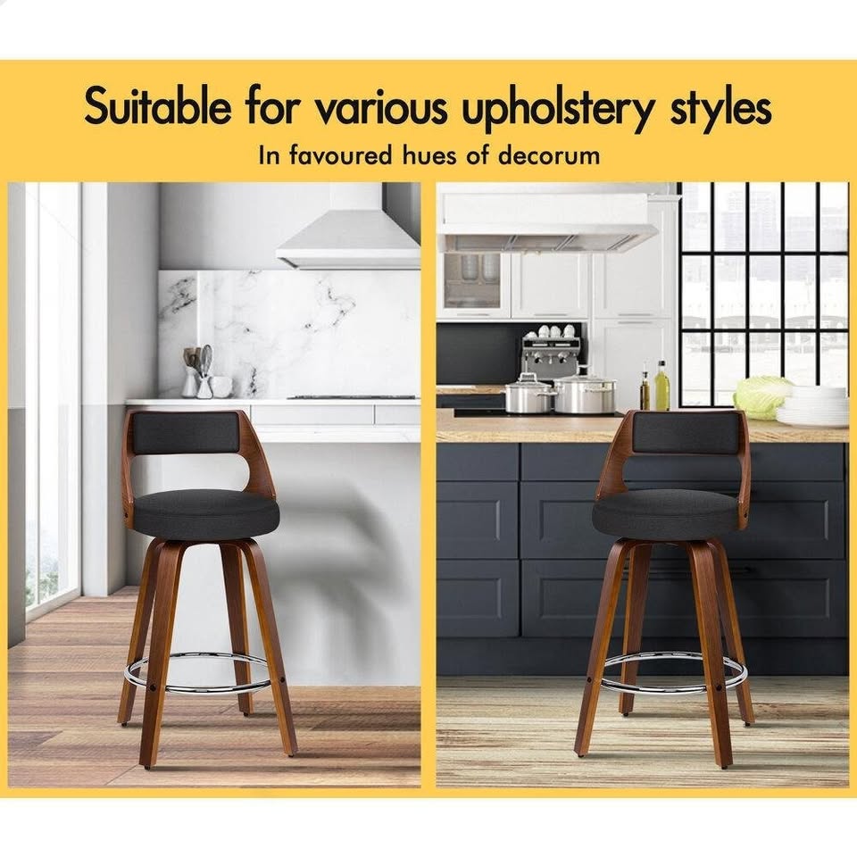 A-BAR-BENT-50-FA-BKX2 ALFORDSON 2x Bar Stools Swivel Wooden Chairs Fabric Black