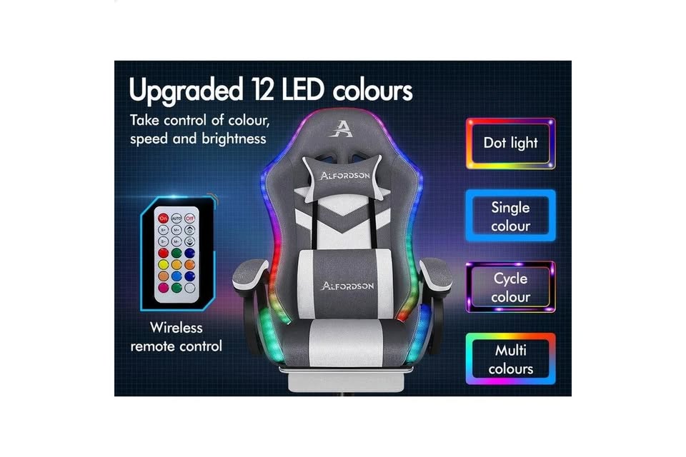 A-OCH-MLD-FA-DBLGY ALFORDSON LED Gaming Chair with 8-Point Massage Fabric Grey
