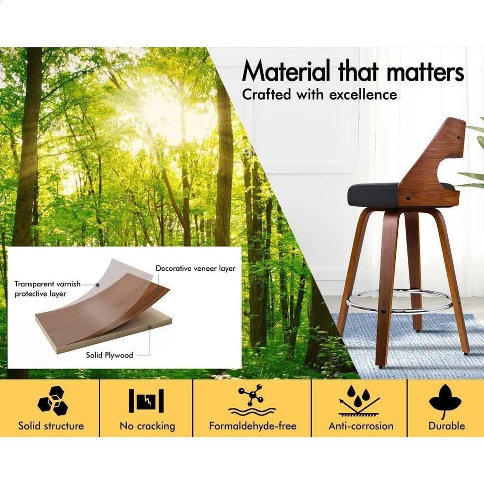 A-BAR-BENT-50-FA-BKX2 ALFORDSON 2x Bar Stools Swivel Wooden Chairs Fabric Black