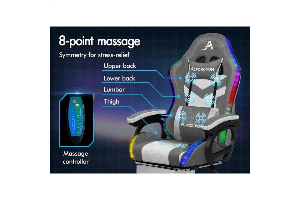 A-OCH-MLD-FA-DBLGY ALFORDSON LED Gaming Chair with 8-Point Massage Fabric Grey