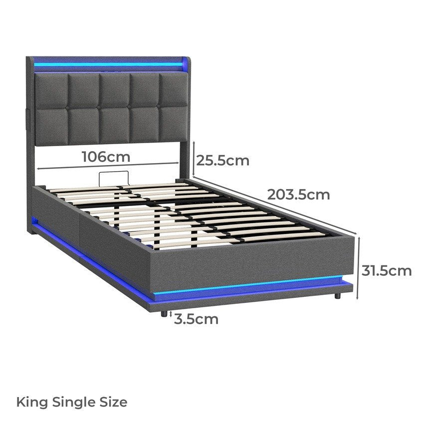 BF-E-DARY-KS-LN-GY-AB KING SINGLE Marcel Upholstered Gas Lift Storage Bed with LED & Charging Station