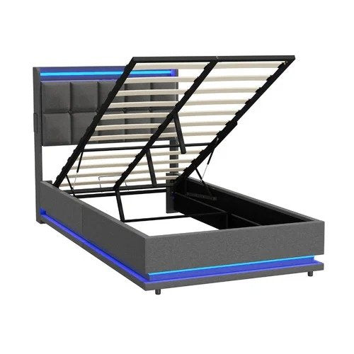 BF-E-DARY-KS-LN-GY-AB KING SINGLE Marcel Upholstered Gas Lift Storage Bed with LED & Charging Station