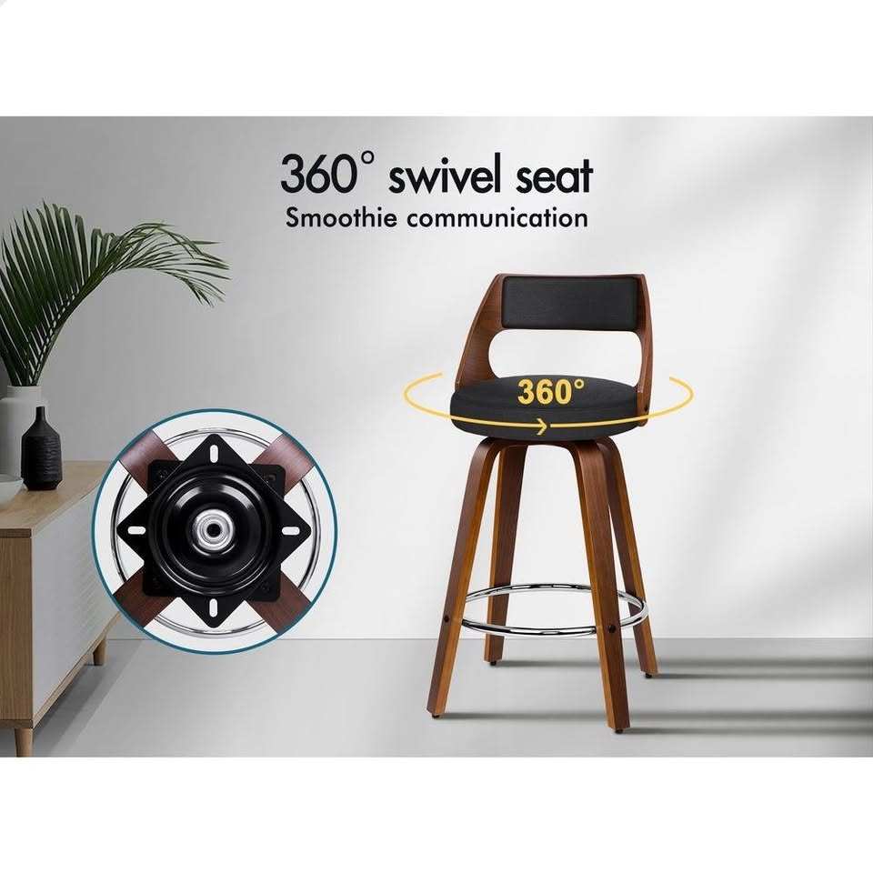 A-BAR-BENT-50-FA-BKX2 ALFORDSON 2x Bar Stools Swivel Wooden Chairs Fabric Black