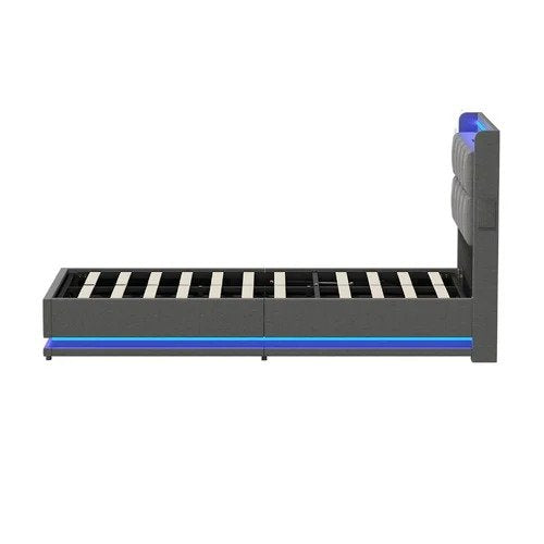 BF-E-DARY-KS-LN-GY-AB KING SINGLE Marcel Upholstered Gas Lift Storage Bed with LED & Charging Station