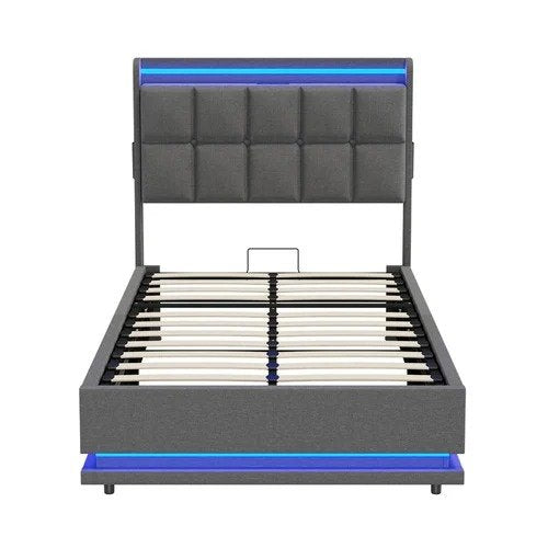 BF-E-DARY-KS-LN-GY-AB KING SINGLE Marcel Upholstered Gas Lift Storage Bed with LED & Charging Station