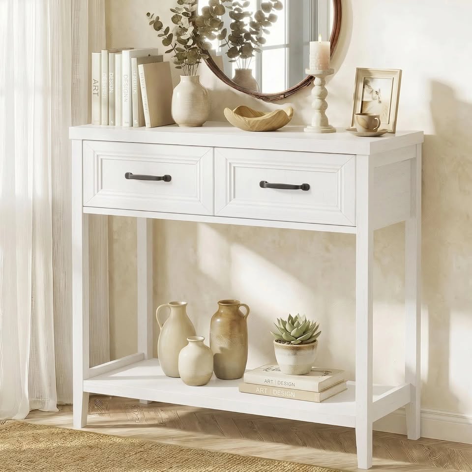 CST-XF-MAX-2D-WH Oikiture Console Table 2 Drawers Hallway Entryway Storage Display Shelf White