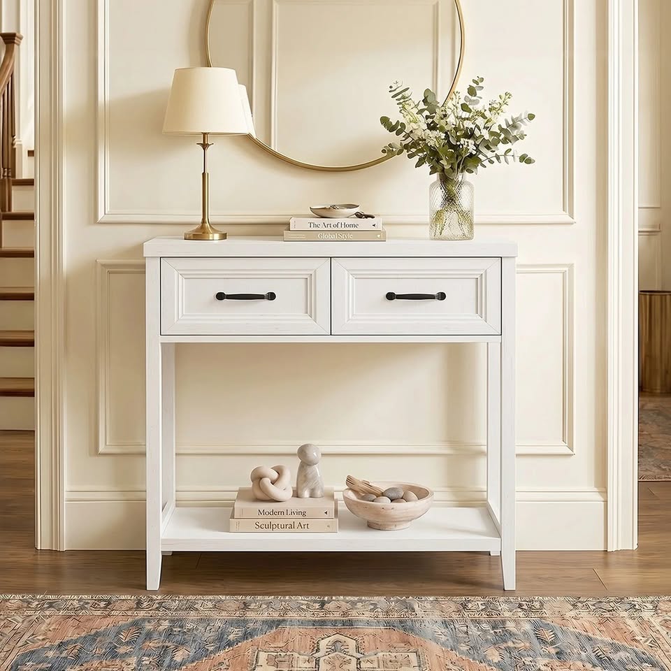 CST-XF-MAX-2D-WH Oikiture Console Table 2 Drawers Hallway Entryway Storage Display Shelf White